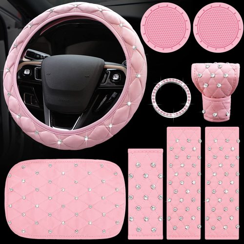 9 Pcs Bling Car Accessories Set for Women, Diamond Steering Wheel Cover, Rhinestone Center Console Pad Seat Safety Belt Pad Handbrake Cover Gear Shift Stick Protector Car Emblem Ring(Pink)