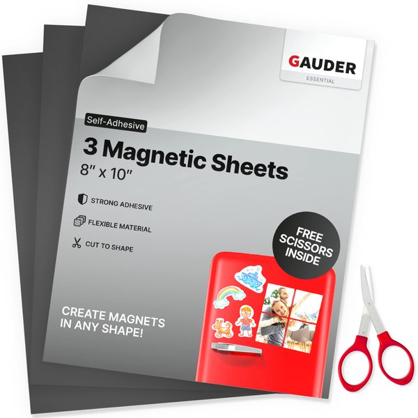GAUDER Magnetic Sheets with Adhesive Backing (8” x 10”) | Black Magnetic Sheets | Adhesive Magnetic Sheets (3 Pieces)