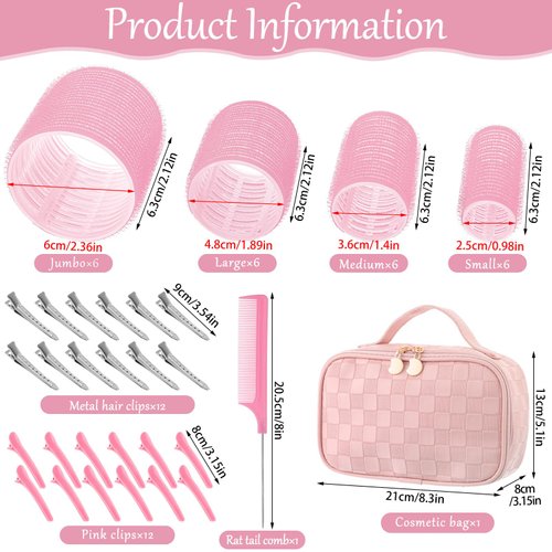 obeoby 50 Pcs in 1 Pack 4 Sizes Hair Rollers with Gift Makeup Bag, 24 Pcs Rollers Hair Curlers Self Grip Hair Rollers with 24 Pcs Hair Clips, Comb, 25/36/48/60 mm Curlers for Volume Medium Long Hair