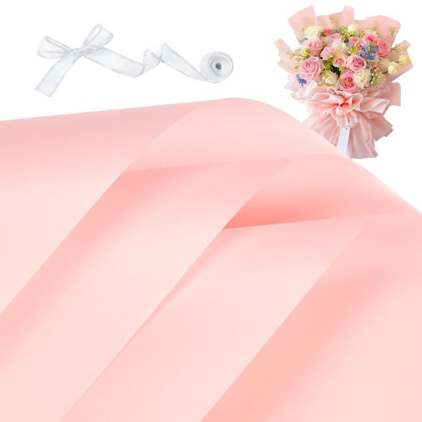 ZORRITA 20 Sheets Flower Bouquet Wrapping Paper, Waterproof Flower Wrapping Paper with Ribbons Floral Paper Florist Supplies, 22.8 x 22.8 inch (Pink)