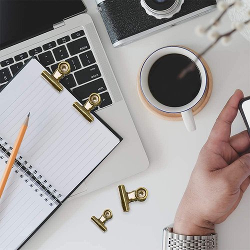 YUCHIYA 32 Pack Metal Clips with 32 Push-pins for Corkboard,Bulldog Clips for Hanging Pictures,Small Hinge Clips for Photos Crafts,Mini Binder Clips Paper File Clamps for Office School(1 Inch,Bronze)