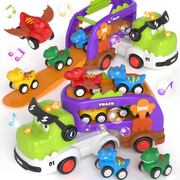 usrela Dinosaur Truck Toys for 1 2 3 Year Old Boys Gifts, 5 in 1 Dinosaur Carrier Truck Toys for Age 2 3 4, Dinosaur Toys for Kids 2-4 with 4 Pull Back Cars, Birthday Gifts for 1 2+ Year Old Boy