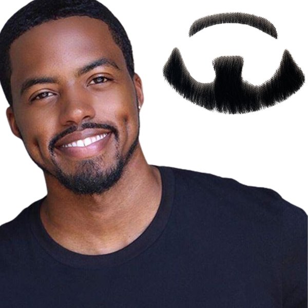 Volora Fake Beard Realistic Human Hair Full Hand Tied Facial Hair False Beards Lace Invisible Fake FaceMustache for Party Movie Makeup Halloween Cosplay Costume Party (Style-3, Black)