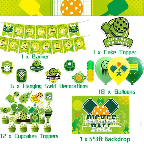 Pickleball Birthday Party Decorations Pickleball Party Supplies Includes Pickball Birthday Banner Backdrop Hanging Swirls Cake Cupcake Toppers Balloons for Pickball Party Favor Decorations
