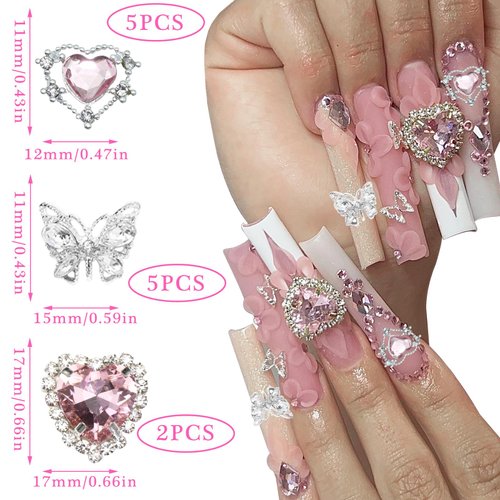 RODAKY 12PCS Butterfly Nail Charms Pink Heart Nail Gems 3D Silver Butterflies Nail Art Charms Shiny Nail Rhinestone Nail Decoration for Women Manicure DIY Crafts Design