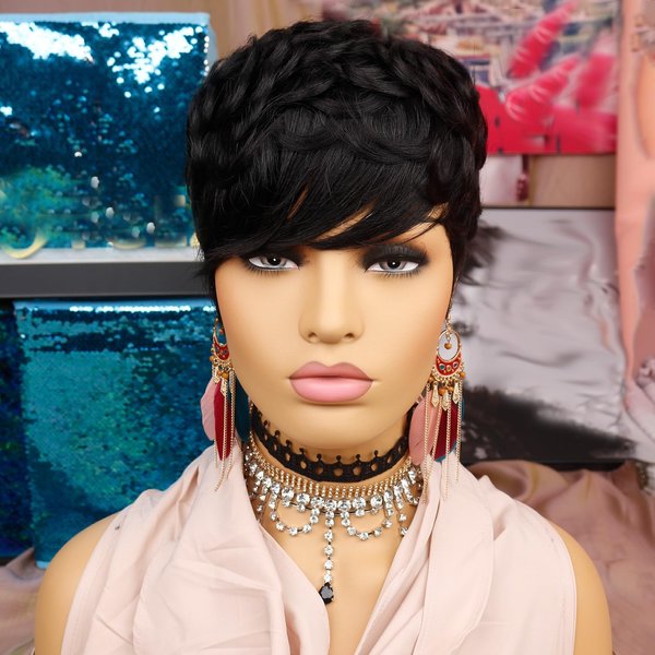 Tgezer Short Wigs for Black Women Human Hair Pixie Cut Wig Human Hair Short Black Layered Wavy Wigs with Bangs Non Lace Front Wig Brazilian Guleless Full Machine Made Color 1B#