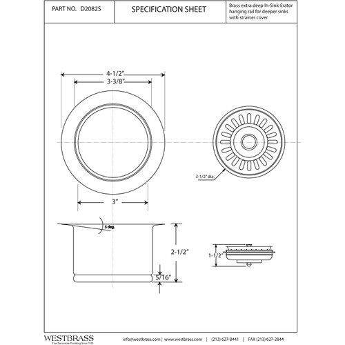 Westbrass D2082S-50 3-1/2" Extra-Deep Collar Kitchen Sink Waste Disposal Flange & Strainer Stopper, Powder Coat White