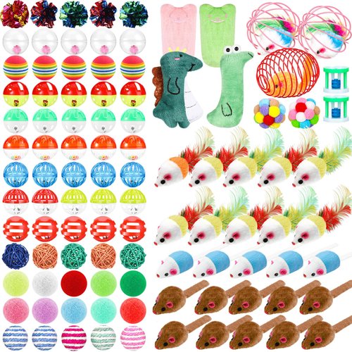 Lenwen 100 Pcs Cat Toys Set Bulk Cat Fur Mice Toys Variety Plastic Ball with Bell Furry Pompom Rattle Mouse Assorted Interactive Catnip Toy Pillow Chew Nice Gift for Indoor Kitten Cats Catch Play