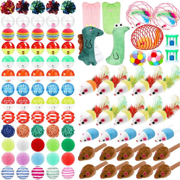 Lenwen 100 Pcs Cat Toys Set Bulk Cat Fur Mice Toys Variety Plastic Ball with Bell Furry Pompom Rattle Mouse Assorted Interactive Catnip Toy Pillow Chew Nice Gift for Indoor Kitten Cats Catch Play