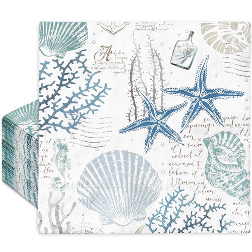 JarThenaAMCS 50Pcs Under the Sea Paper Napkin Pastel Starfish Seashell Coral Disposable Napkins Vintage Ocean Theme Luncheon Napkins Summer Dinner Hand Napkin for Party Supplies