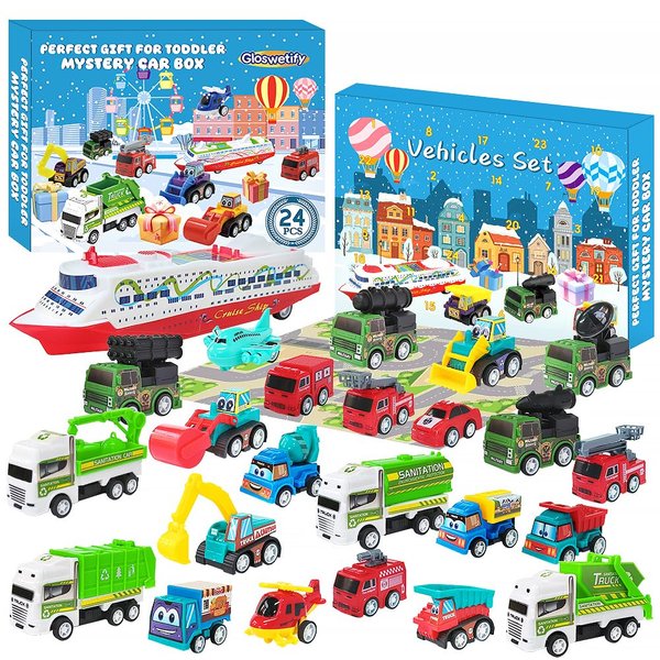 Advent Calendar 2024 Kids: 24 Days Christmas Countdown Pull-Back Car Toys - Stocking Stuffers for Kids - Xmas Holiday Party Favor Gift for Boys Girls Children