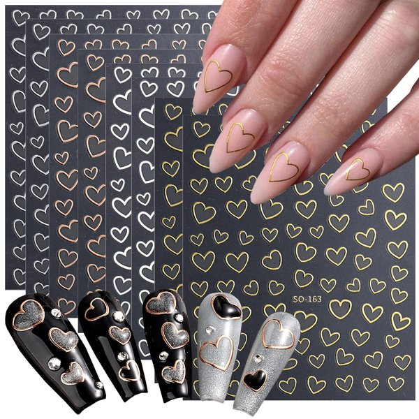 8 Sheets Metallic Nail Art Stickers, Heart Love Nail Decals 3D Self Adhesive Gold Silver Rose Gold White Nail Designs, Heart Nail Sticker for French DIY Nail Decoration Manicure Accessories for Women