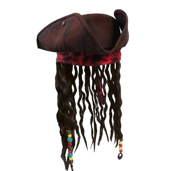 Nicky Bigs Novelties Child Buccaneer Caribbean Tricorn Pirate Hat Dreadlocks Hair Costume Cap Brown