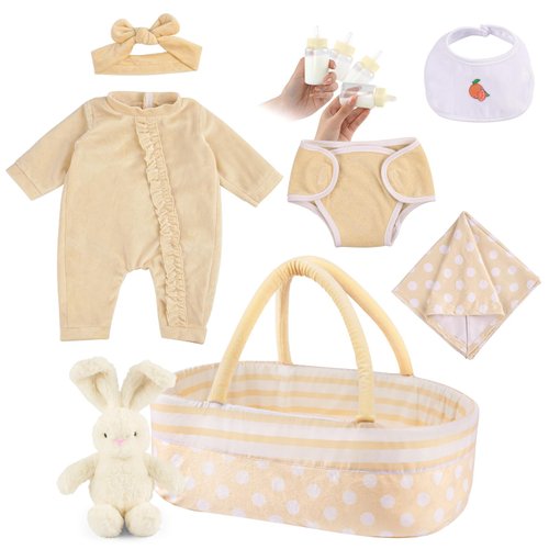 BABESIDE 8 PCS Reborn Baby Doll Clothes Set with Bassinet for 17-22 Inch Dolls Baby Doll Clothes Outfit Accessories fit Newborn Baby Doll Girl Boys, Yellow