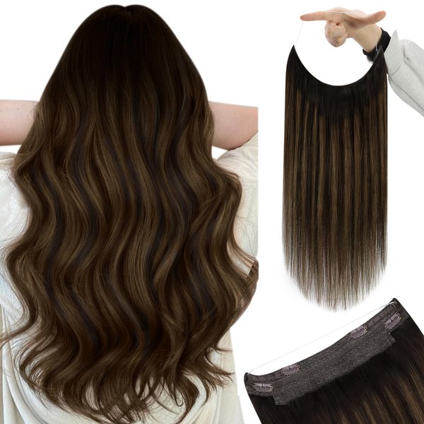 [For Wedding] YoungSee Wire Real Hair Extensions Brown Balayage Wire Couture Hair Extensions Human Hair Balayage Darkest Brown with Medium Brown Hair Wire Extensions Quick and Easy to Install 80G 16In