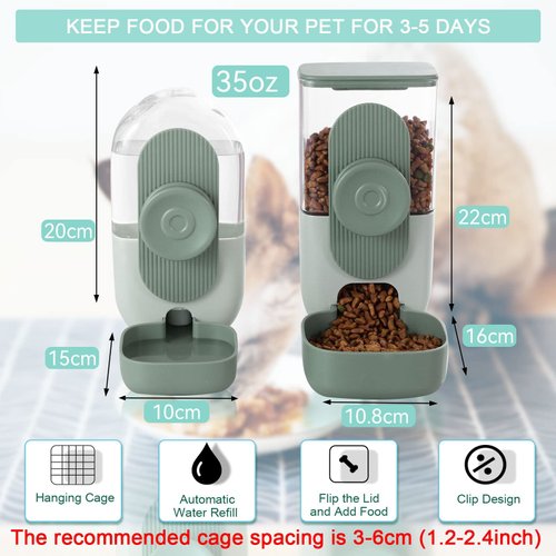 Lemtrflo Hanging Automatic Food Water Dispenser,Gravity Rabbit Feeder Water Dispenser Set,Cage Cat Water Dispenser,Food Bowl for Bunny Guinea Pig Ferret Water Dispenser (Cage Grid Spacing Over 1.2'')