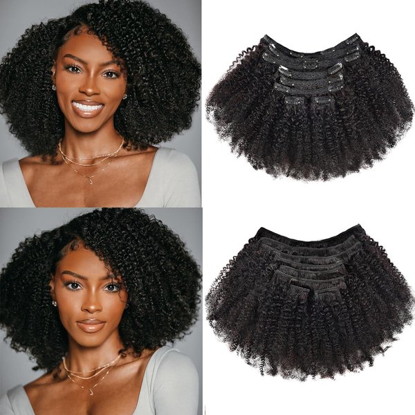 beauty youth Afro Kinky Curly Clip In Human Hair Extensions,4B 4C Natural Hair Clip Ins for Black Women,10A Brazilian Remy Hair Kinky Curly Clip Ins 8Pcs with 18 Clips 120g/set(10 Inch)