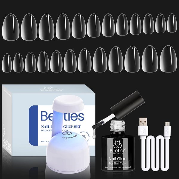 Beetles Gel Nail Kit Easy Nail Extension Set,500Pcs Pre Shaped Clear Extra Short Almond Gel Nail Tips with 5 in 1 Mutipurpose Nail Glue,Base Uv Led Nail Lamp for Nail Art Women Gift