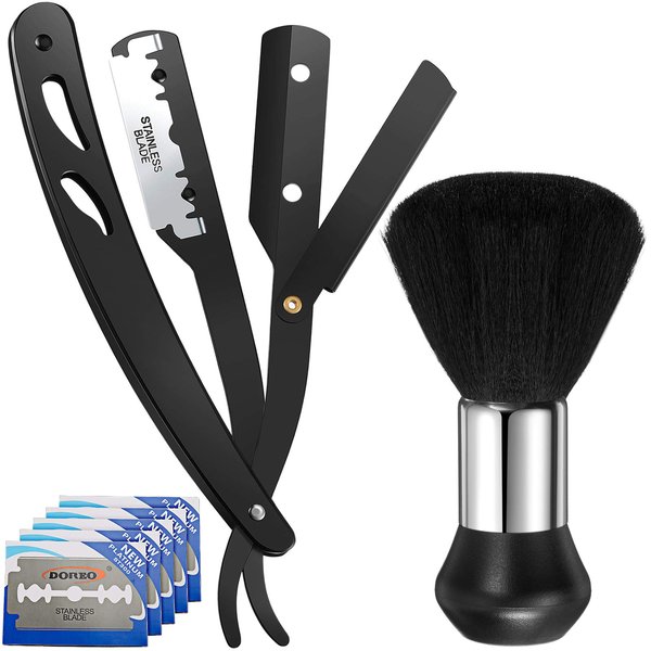 Barber Straight Razor Straight Edge Shaving Razor Manual Shaver with Neck Duster Brush and 40 Pieces Double Edge Blades for Hair Salons