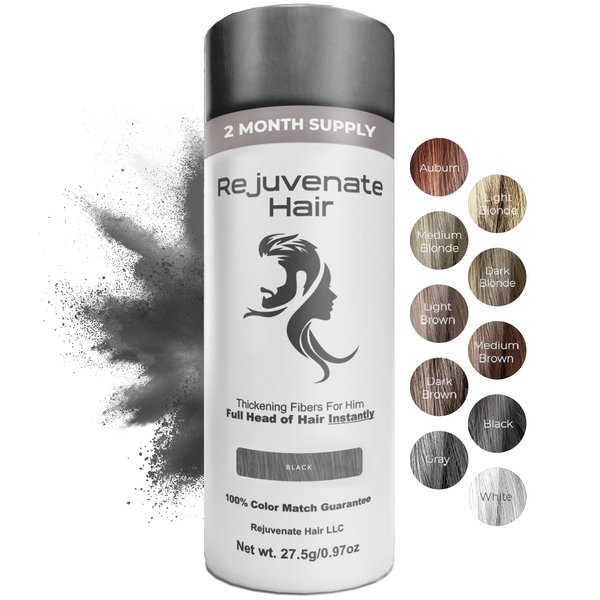 REJUVENATE Hair Fibers for Thinning Hair (Black), Undetectable Hair Powder for Men & 100% Natural Hair Building Fibers - Conceals Hair Loss - Bald Spot Cover Up Hair Powder, 2 Month Supply