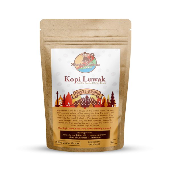 Monkey Business Coffee - Wild Kopi Luwak Coffee Ground Beans - Sustainably Sourced (from Indonesia) - 1 Kilogram