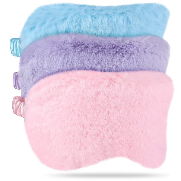 Plush Eye Mask 3 Pcs Sleeping Blindfold Sleeping Mask Sleep Mask Comfortable Plush Sleepover Mask Soft Furry Eye Cover for Sleepover Gift Birthday Party Favors(Pink, Purple, Sky Blue)