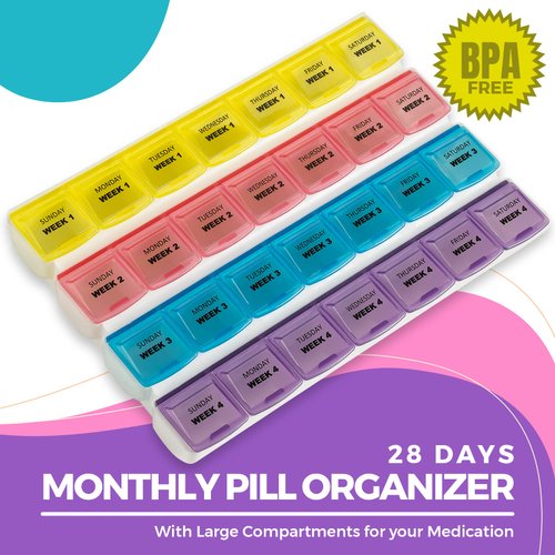 Monthly Pill Organizer - 28 Day Monthly Pill Planner to Separate Pills & Vitamins Week to Week, Travel Medication Reminder Daily Monday to Sunday Compartments