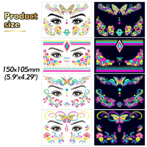HOWAF 8 Sheets Fluorescent face tattoos,Neon UV Black Light Temporary Tattoos for Glow Party Face Art Decoration,Glow in The Dark Floral Fake Tattoos for Adults Girls Women Festival Bar Party Favors