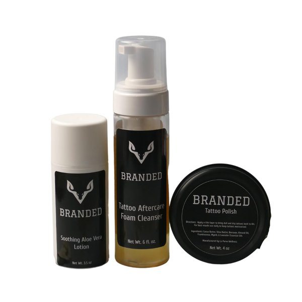 Tattoo aftercare kit by La Parea Wellness skin brightening cream soothing lotion and green soap kit