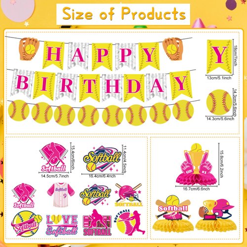 Refavor Softball Birthday Party Decorations - Softball Themed Happy Birthday Banner Softball Party Decorations Hanging Swirls Honeycomb Centerpieces Table Decor Sports Birthday Party Supplies