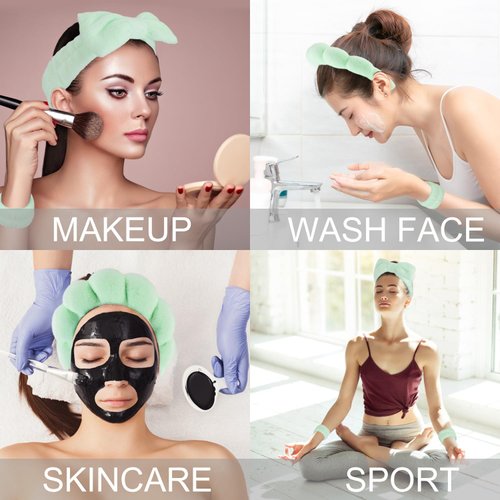 SuPoo 6pcs Green Spa Headband Sponge Face Wash Headband and Wristband Set Makeup Head Band Puffy Skincare Headband Terry Cloth Wrist Towels Hair Band for Washing Face Padded Headwear with Hair Ties