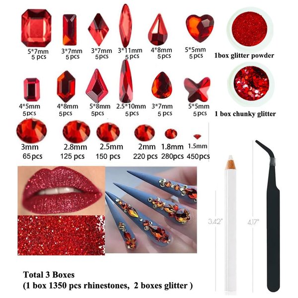 3 Boxes Red Nail Rhinestones with Fine Glitters Kit, 60Pcs Big Assorted Red Nail Gems with S6-S16 Flatback Round Stones,Crystals Nail Gem Stones for Faces Body DIY Crafts