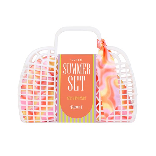 Pinch Provisions Super Summer Jelly Tote, 12 Beach & Poolside Accessories For Beauty, Perfect for Pool & Beach Days, Includes Oil Absorbing Roller, Rechargable Fan, Towel Clips, & Ice Roller