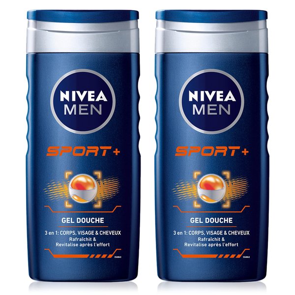 Nivea Men 3 in 1 Sport Shower Gel (2 x 250 ml), Men's Body Wash for Body, Face and Hair, Gentle After Sports Cleanser, Conditioner & Freshness Shower Soap 24 Hours