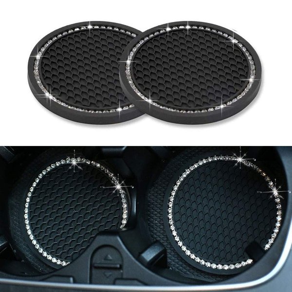 Universal Vehicle Bling Travel Auto Cup Holder Insert Coasters,2.75 Inch Crystal Rhinestone Car Interior Accessories Durable Anti Slip Silicone Car Coasters (Pack of 2)