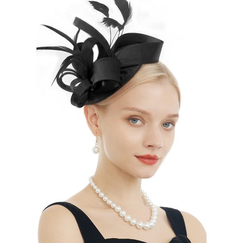 FELIZHOUSE Fascinator Hats for Women Ladies Feather Cocktail Party Hats Bridal Headpieces Ascot Fascinator Headband (Black)