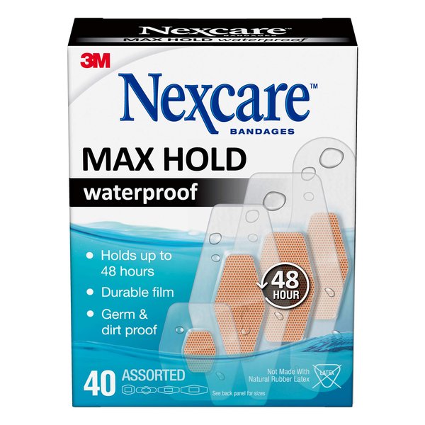 Nexcare Max Hold Waterproof Bandages, Stays On for 48 Hours, Flexible Bandages for Fingers, Knees and Heels - 40 Pack Clear Waterproof Bandages