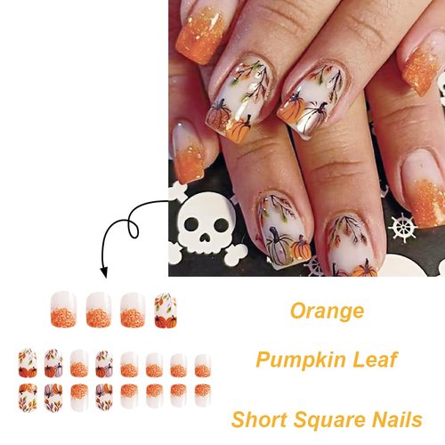 Sutaozhi Fall Press on Nails Short Square Fake Nails Glitter Pumpkins Glue on Nails Thanksgiving False Nails Autumn Leaves Acrylic Nails Glitter Design French Tip Press ons Artificial Nails Kit 24Pcs