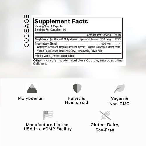 Codeage Binder + Systemic Binder Supplement - Activated Charcoal Pills, Bentonite Clay Mineral Powder, Fulvic & Humic Acids, Molybdenum, Carbon Forms - 90 Capsules
