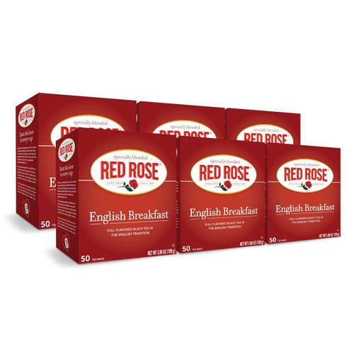Red Rose English Breakfast Tea Specially Blended Strong Robust Black Tea with 50 Individually Wrapped Tea Bags Per Box (Pack of 6) Contains Caffeine Brew Hot Full Flavored Black Tea in the English Tradition