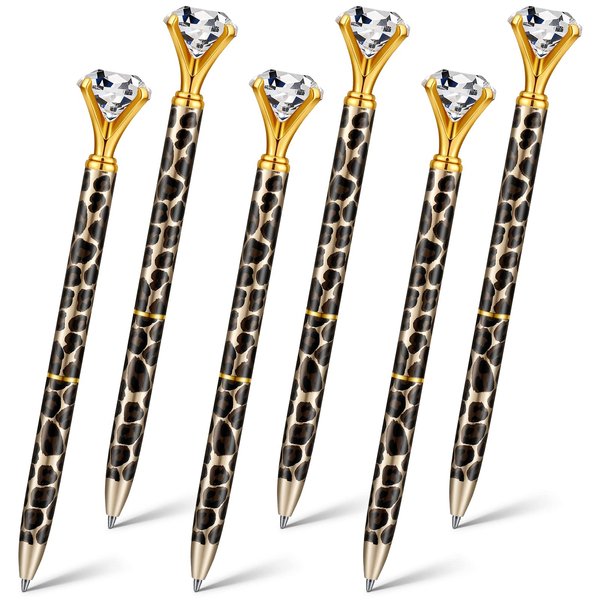 Fainne 6 Pcs Diamond Pens Leopard Crystal Pens Bling Gold Diamond Pen Bride Wedding Pen Metal Pen with Diamond on Top Refillable Cheetah Pen for Women Office, School, Party Gifts(Gold Backing)