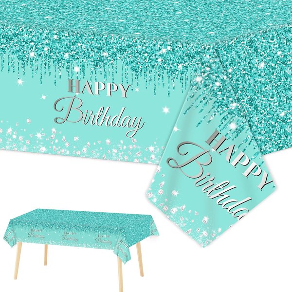 3 Pieces Teal and Silver Birthday Tablecloths for Happy Birthday Party Decorations Plastic Disposable Breakfast Blue Theme Table Covers for Girls Women Silver GlitterParty Supplies, 54 x 108 Inches