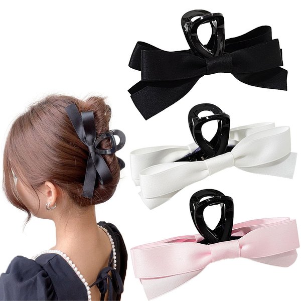 3Pcs Big Bows Hair Claw Clips,Satin Bows Hair Claw Jaw Clips for Thick Thin Hair,Nonslip Claws Clamps Hair Clips for Women