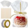 YESTOO 200 Pack Candy Apple Sticks and Bags, Caramel Apple Making Kit, 100 Bags, 100 Pcs Candy Apple Sticks, 50 Yard Gold, and Silver Glitter Ribbon