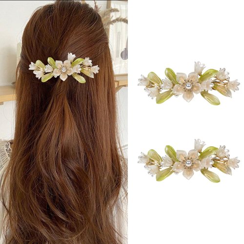 2PCS Lily of the Valley Flower Pearl Spring Hair Clips for Women Girls, Pretty Flower Jewelry Metal Clip Cute Female Barrette Hairpin Hair Accessories (Green-2pcs)