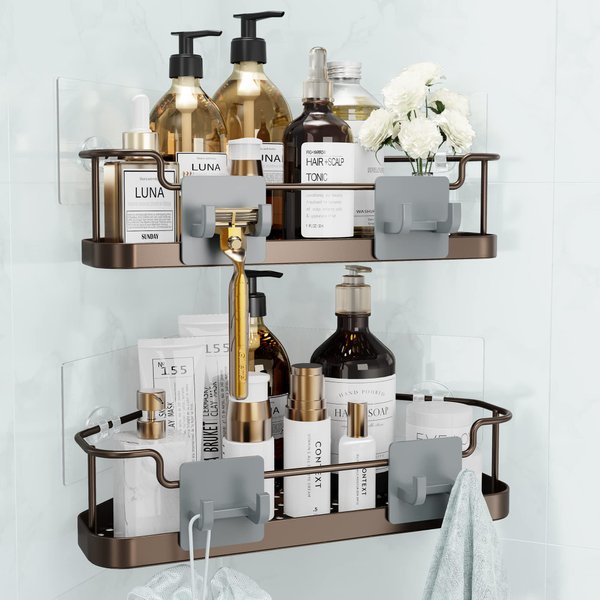 Orimade Corner Shower Caddy Organizer Basket with Hooks Adhesive No Drilling Wall Mount Bathroom Shelf Shampoo Holder Storage Rack Rustproof, 2 Pack-Black, Only for 90-Degree Corner
