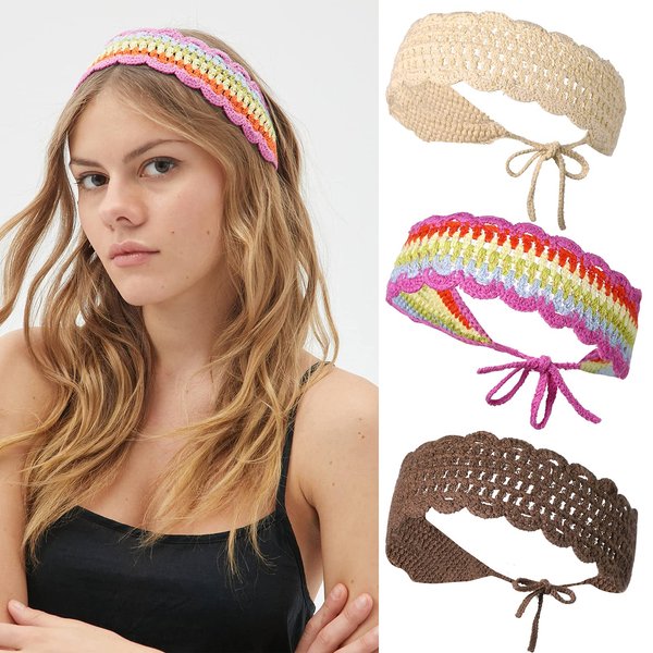 Crochet Headband Women Floral Hairband - 3PCS Daisy Floral Elastic Handmade Crochet Head Wrap Bohemian knit Headband for Women and Girls(Rainbow+Beige+Dark Coffee)