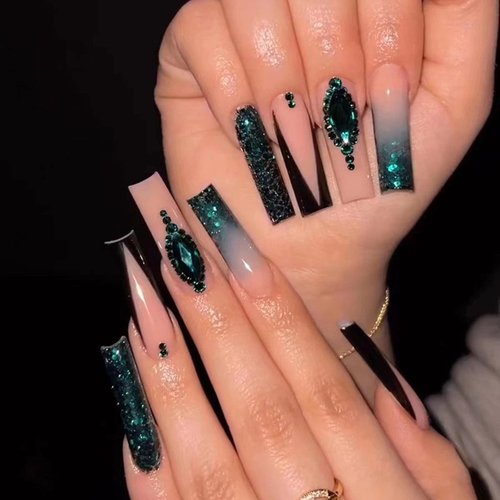 MISUD Long Coffin Press on Nails Ballerina Fake Nails Glossy Glue on Nails Black French Tip Acrylic Nails Green Bling Glitter Artificial Nails 3D Rhinestone Stick on False Nails with Design 24 pcs