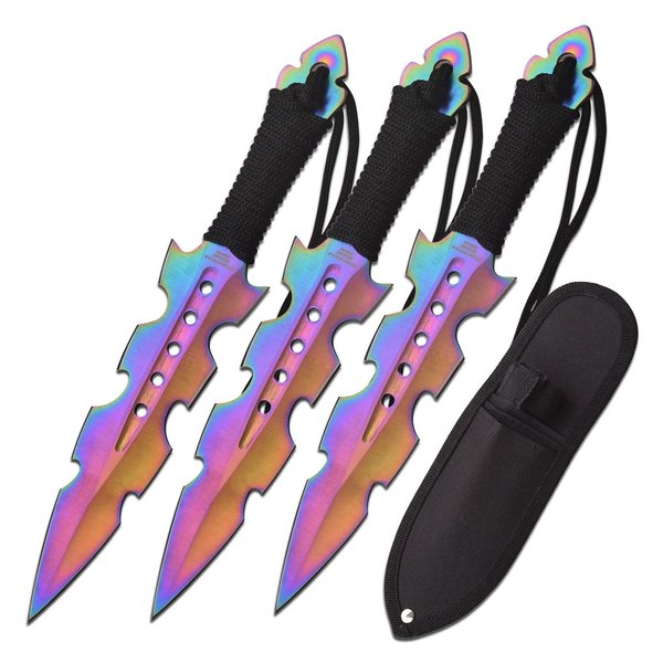 Perfect Point Throwing Knife Set – Set of 3 Throwers, Rainbow TiNite Coated Stainless Steel Blades w/ Black Cord Wrapped Handles, Nylon Sheath, Well Balanced, Throwing Sport Knives – PP-110-3RB