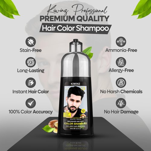 Kiwinz Professional Black Hair Color Shampoo for Men – 5 in 1 Hair Dye Shampoo for Grey Hair - Instant Hair Dye with 100% Color Accuracy with Natural Ingredients - Ammonia Free - 500ml (Black)